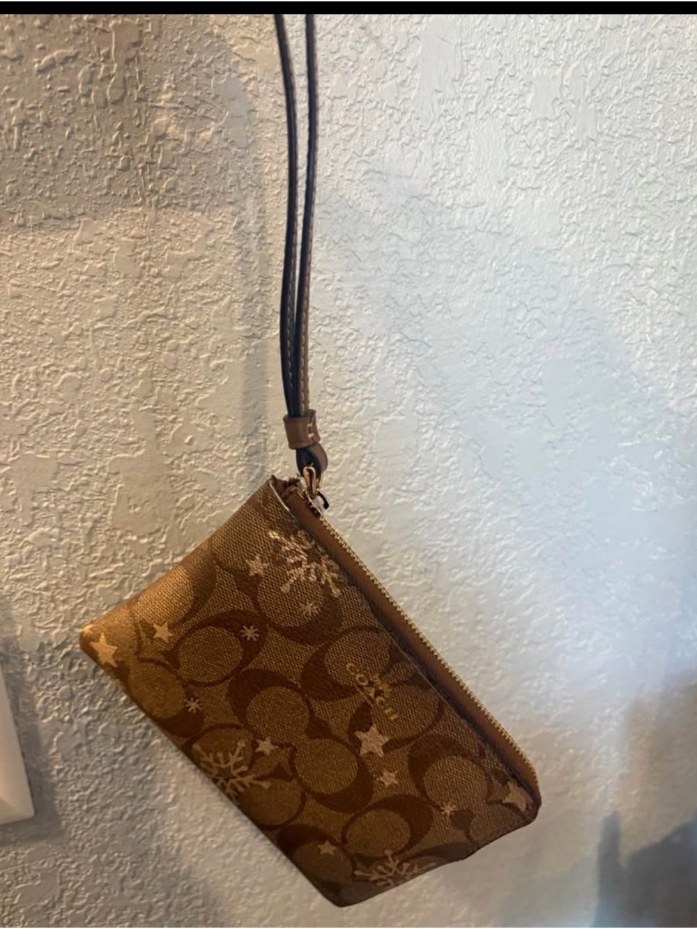 Coach Brown Signature Canvas Wristlet with Star Accents